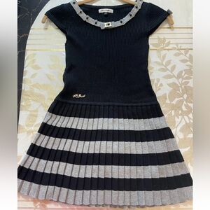 Miss Donna Jersey Knitt Girls Warm Cotton Pleated Dress  4 Years Black/ Gray